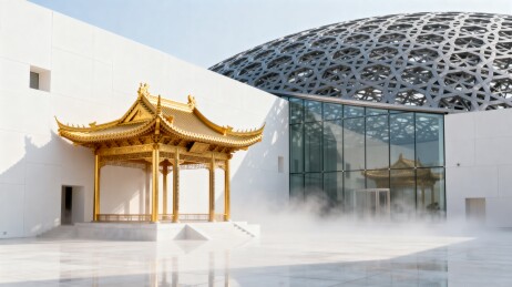 传统金亭与现代穹顶建筑对比