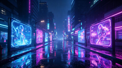 雨夜霓虹赛博朋克城市街道