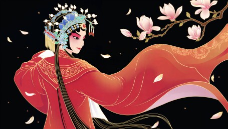 京剧花旦身着红袍伴玉兰花唯美插画