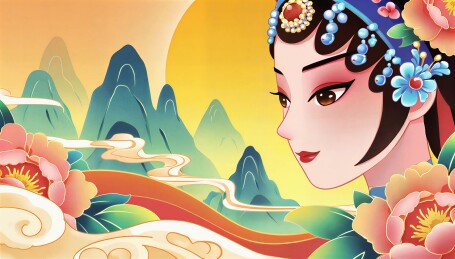 国潮风京剧花旦与山水祥云唯美插画