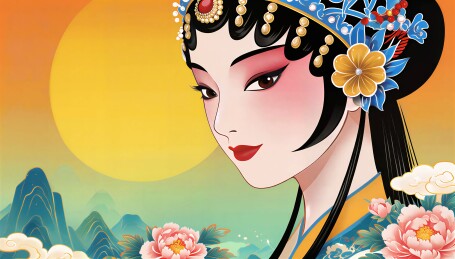 国潮京剧花旦 圆月山水国风插画