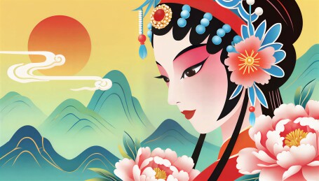国潮风京剧花旦与山水牡丹插画