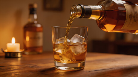 琥珀酒液注入玻璃杯