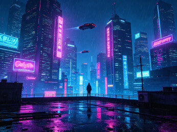  赛博朋克风格雨夜霓虹未来城市