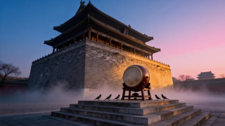 鼓楼晨雾中的古建筑