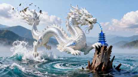 白龙戏水蓝塔立水中
