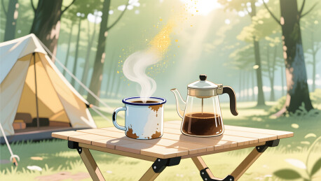 户外露营折叠桌与搪瓷咖啡杯子