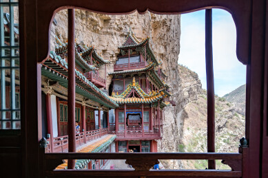 山西大同恒山悬空古寺岩壁建筑悬崖寺庙景观