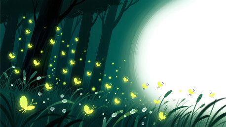 夏夜森林萤火虫梦幻治愈插画海报图