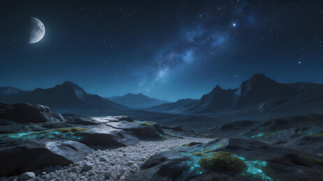 新月繁星下的山溪夜景
