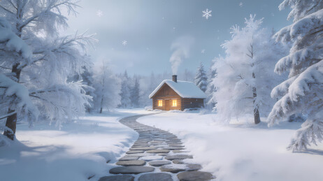 雪夜暖光木屋