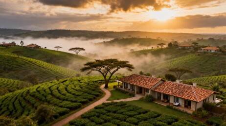 茶园晨雾中的乡村小屋