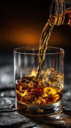 威士忌倒入冰块玻璃杯