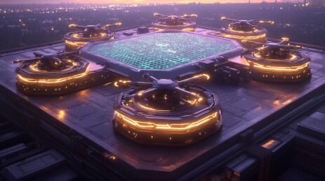 赛博朋克未来科幻都市屋顶发光环形无人机停靠基站