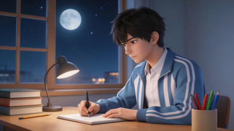 学生深夜台灯下学习备考
