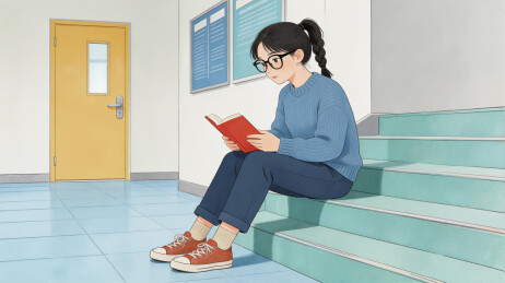戴眼镜女生楼梯看书插画