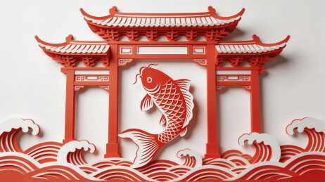 鲤鱼跳龙门剪纸风插画