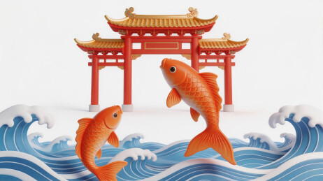 鲤鱼跃龙门3D插画