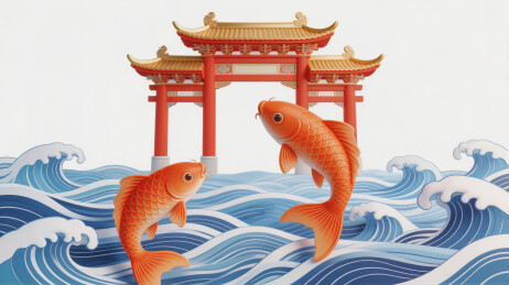 鲤鱼跃龙门插画背景图