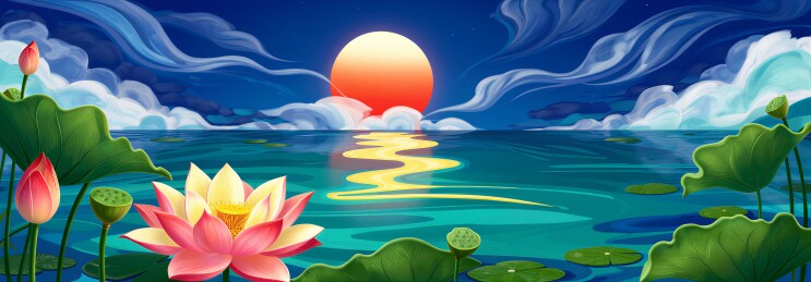 月夜荷塘盛景 明月映水国风插画