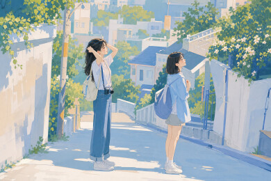 白墙坡道旅拍女孩