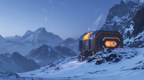 雪山星空下的科幻探索基地