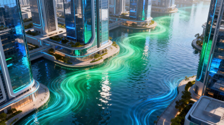 未来城市高楼与彩色水道景观