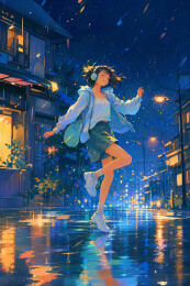 雨夜街道听歌少女