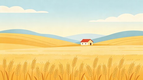 金黄麦田中的红色小屋