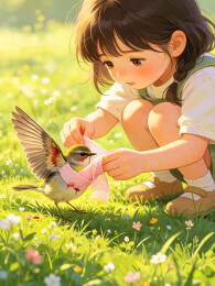 小女孩为受伤的小鸟包扎翅膀