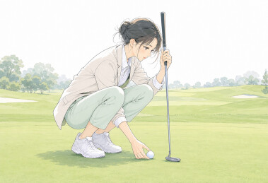 果岭上摆球的女性