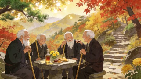 四位老人秋日山间闲聚