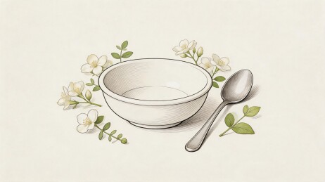 空碗勺与白色花朵静物画