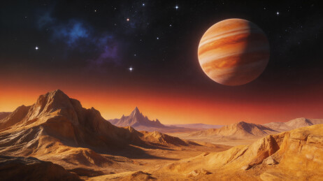 红色星球与巨型气态巨行星的荒凉地表景观