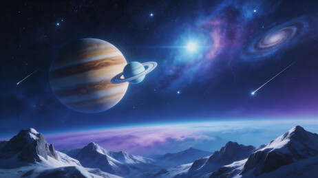 雪山仰望星空与行星
