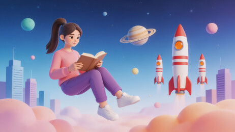 女孩云端阅读火箭升空