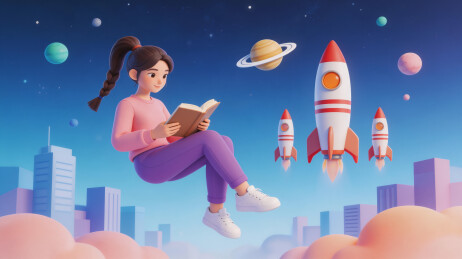 女孩太空阅读