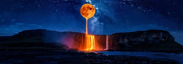 月落熔浆瀑布奇幻夜景
