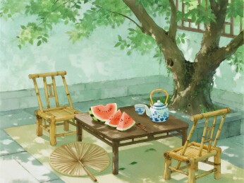 夏日庭院乘凉喝茶吃西瓜场景