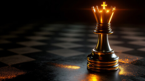 国际象棋金色国王棋子在棋盘上散发光芒