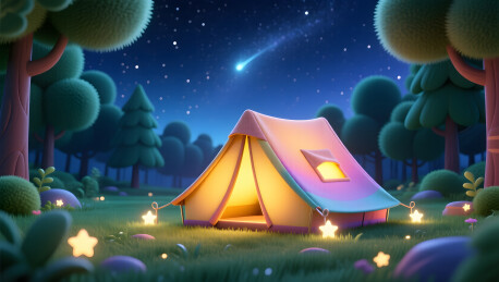 暑假户外露营温馨帐篷与浩瀚星空图