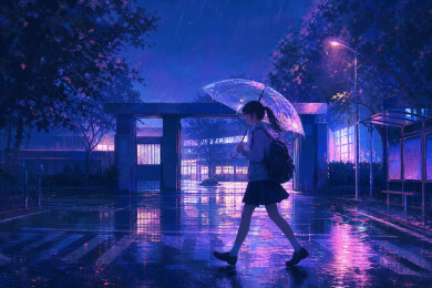 雨夜校园里学生撑伞