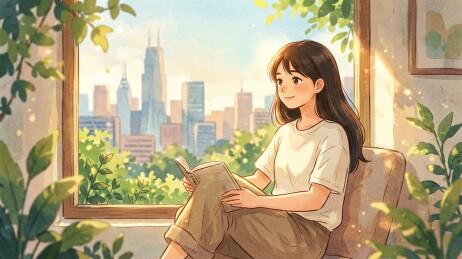 窗前阅读的年轻女子享受着城市与自然的双重