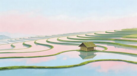梯田水景茅屋静谧风光