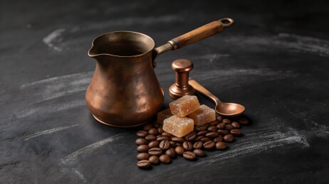 铜壶咖啡豆糖块静物摆拍