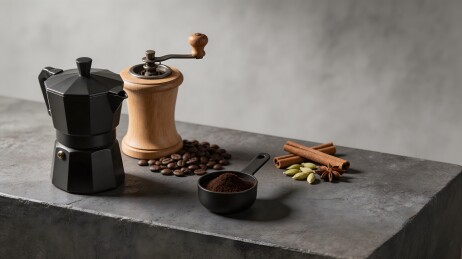 咖啡器具与香料静物摆拍