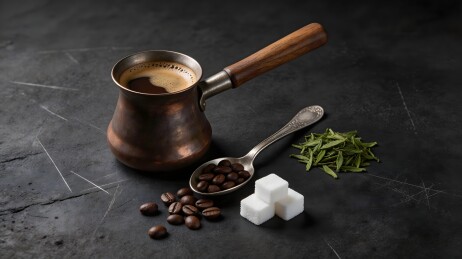 铜壶咖啡与配料静物摄影