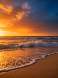 金色夕阳海滩浪花拍岸