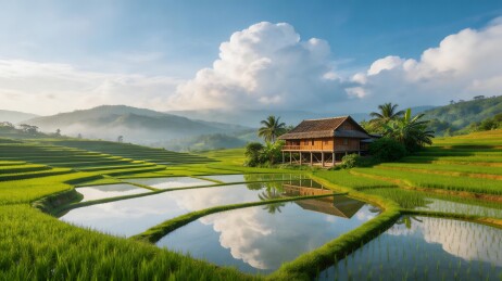 梯田水映茅屋山景