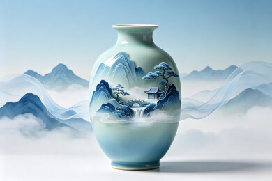 水墨画千里江山青花瓷瓶背景